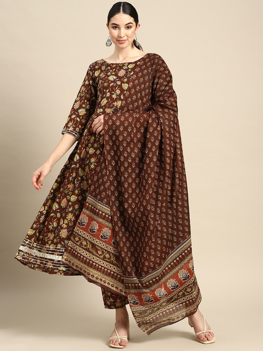 Rust brown printed 3/4th sleeve Cotton Anarkali kurta – Nayo Clothing